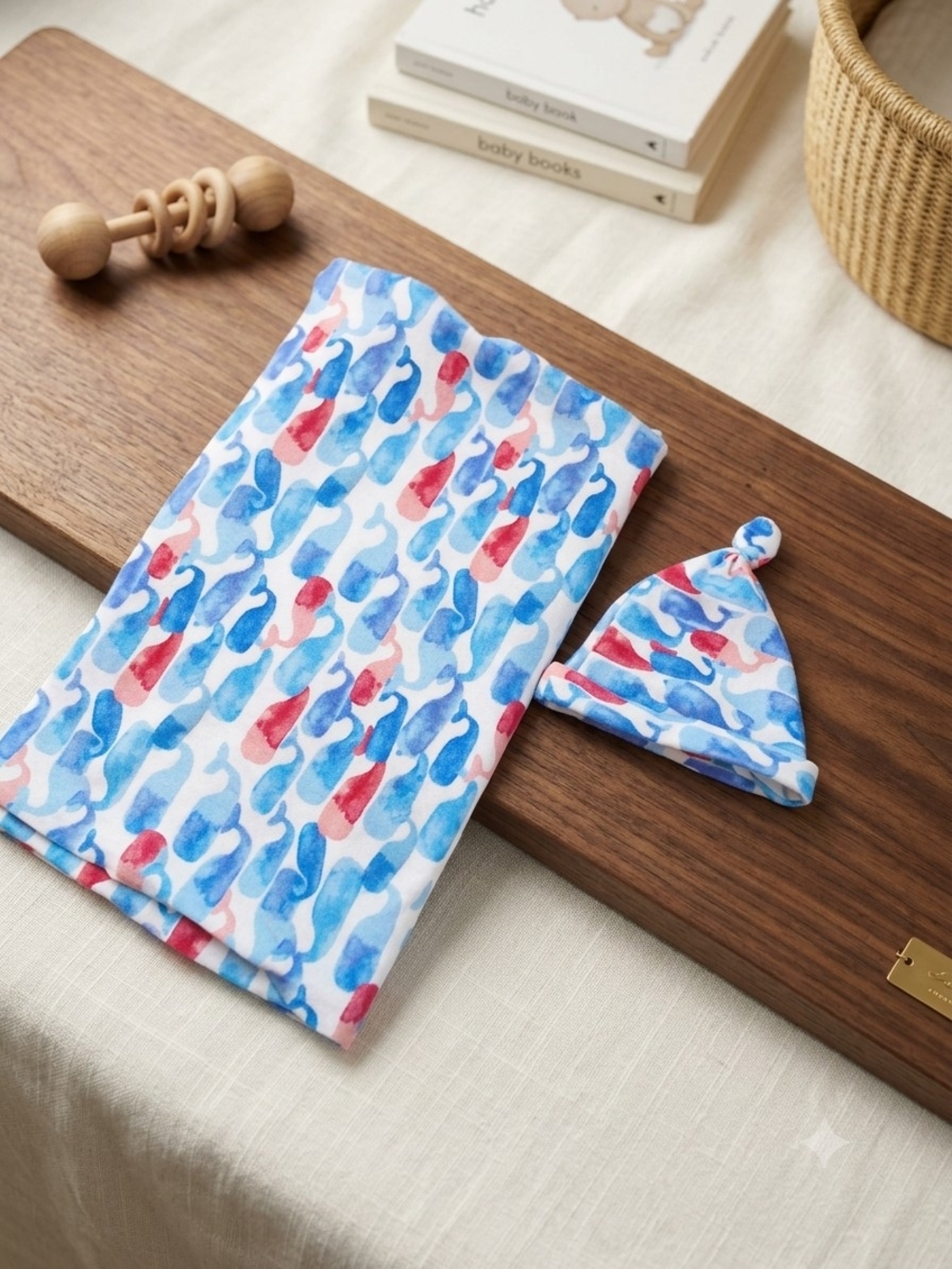 Tahari Newborn Nautical Whale Print Swaddle & Martching Knotted Beanir Set